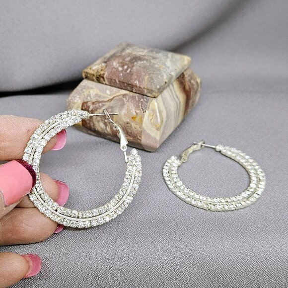 Rhinestone Hoop Earrings, Silver Plated  - 1 3/4" - Picture 1 of 6